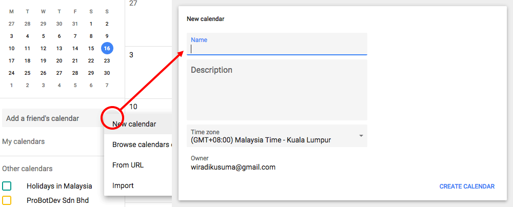 Creating a new calendar in Google Calendar.